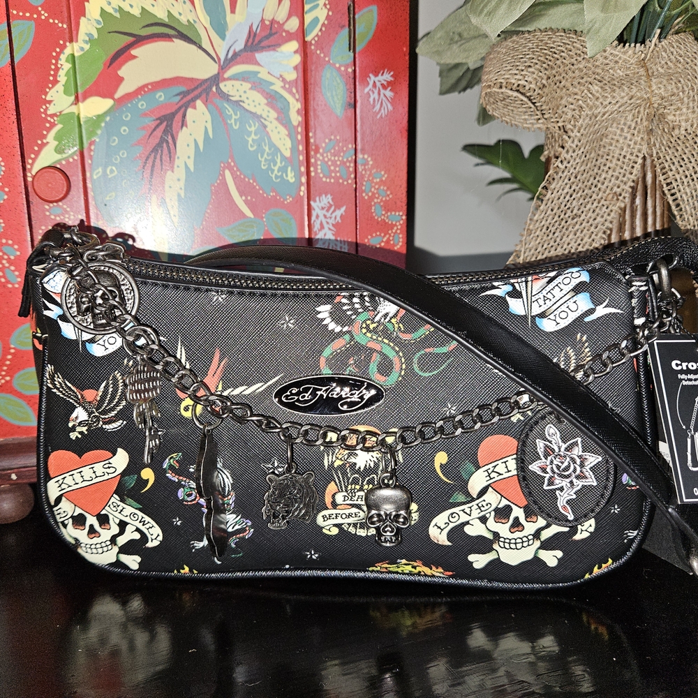 Ed Hardy Black Shoulder Bag with Vibrant Tattoo Art